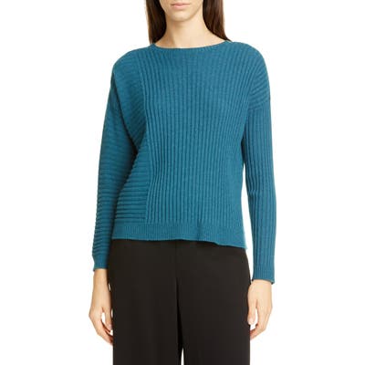 Eileen Fisher Bateau Neck Ribbed Cashmere Sweater, Blue