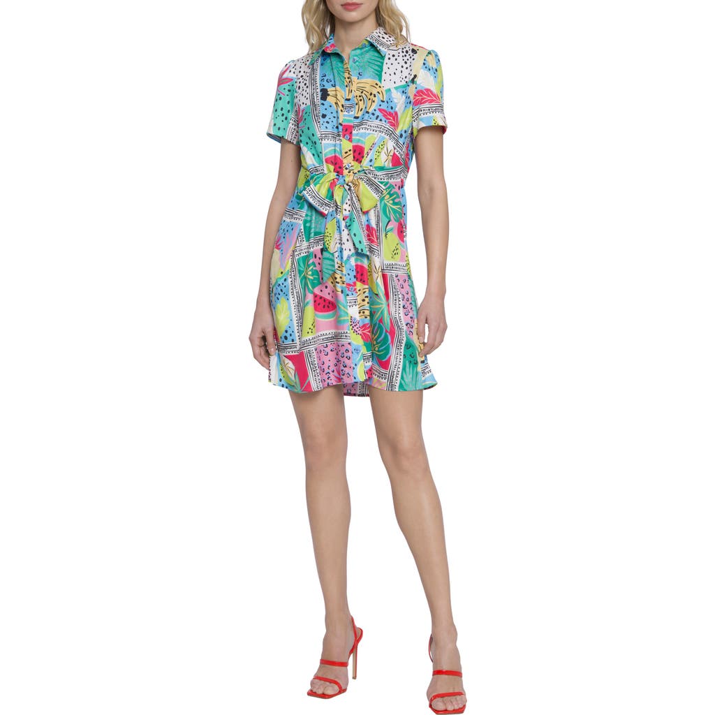 Donna Morgan For Maggy Tie Waist Shirtdress In Blue/pink Bloom