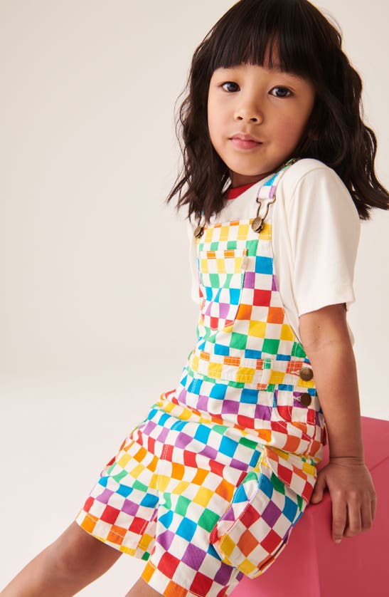 Shop Little Bird Kids' Checkerboard Short Overalls & T-shirt Set In White Rainbow