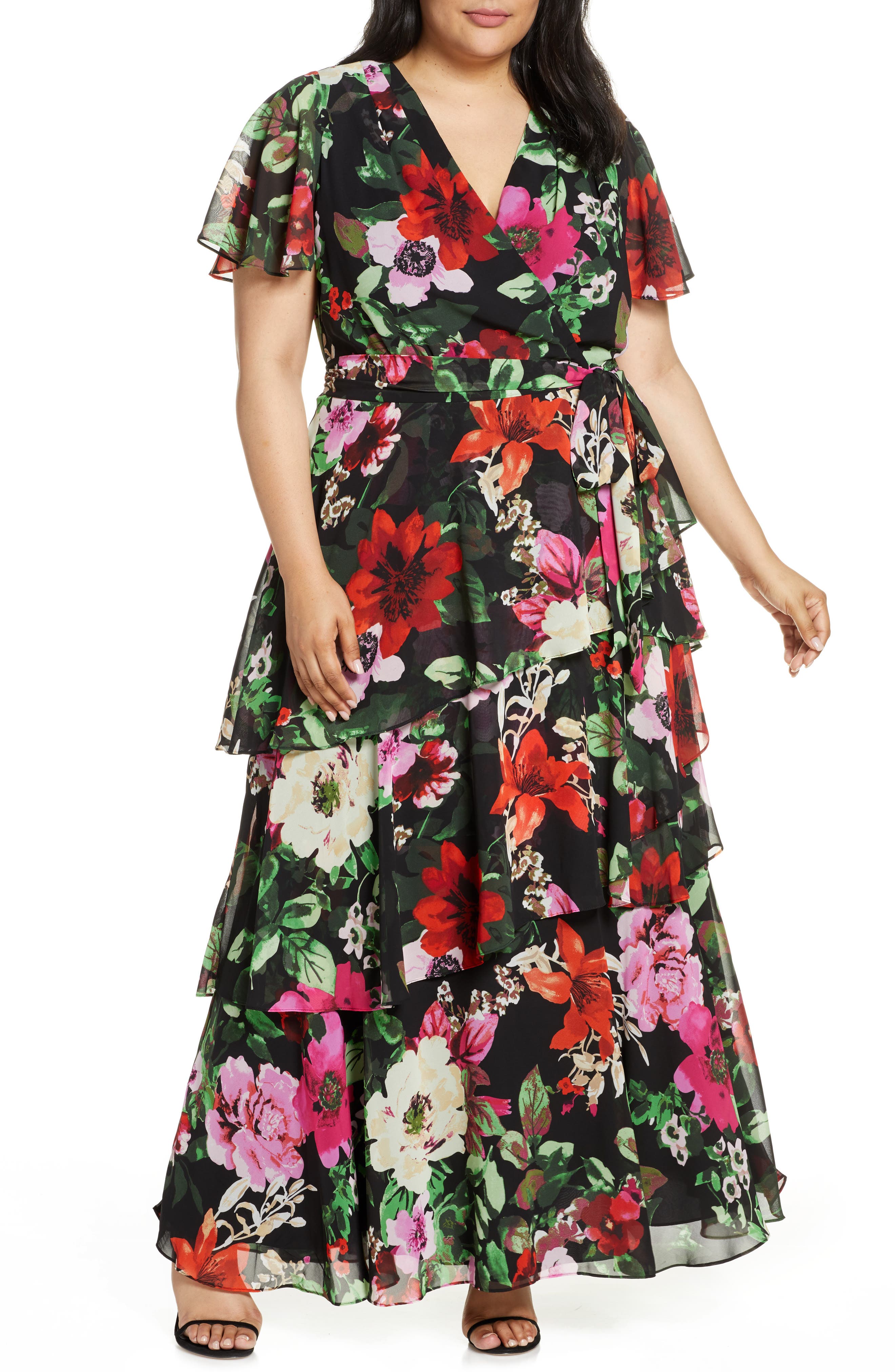 Plus Size Tahari Floral Print Chiffon Maxi Dress, Black