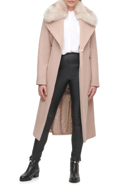 Click to view more detailed imagery on our partner's website Karl Lagerfeld Belted Wool Blend Coat With Faux Fur Trim In Nude