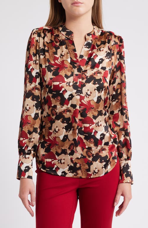 Shop Anne Klein Floral Long Sleeve Woven Top In Vicuna Multi