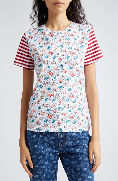Floral Stripe Fitted Cotton Jersey T-Shirt in White Floral Red Cream