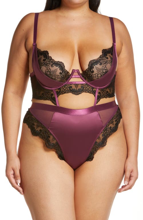 Oh La Cheri Cadence Strappy Eyelash Lace & Satin Underwire Teddy Italian Plum/Black at Nordstrom,