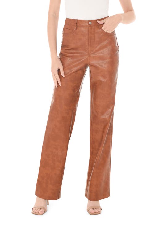 Orange Faux Leather Zip Seam Straight Leg Pants