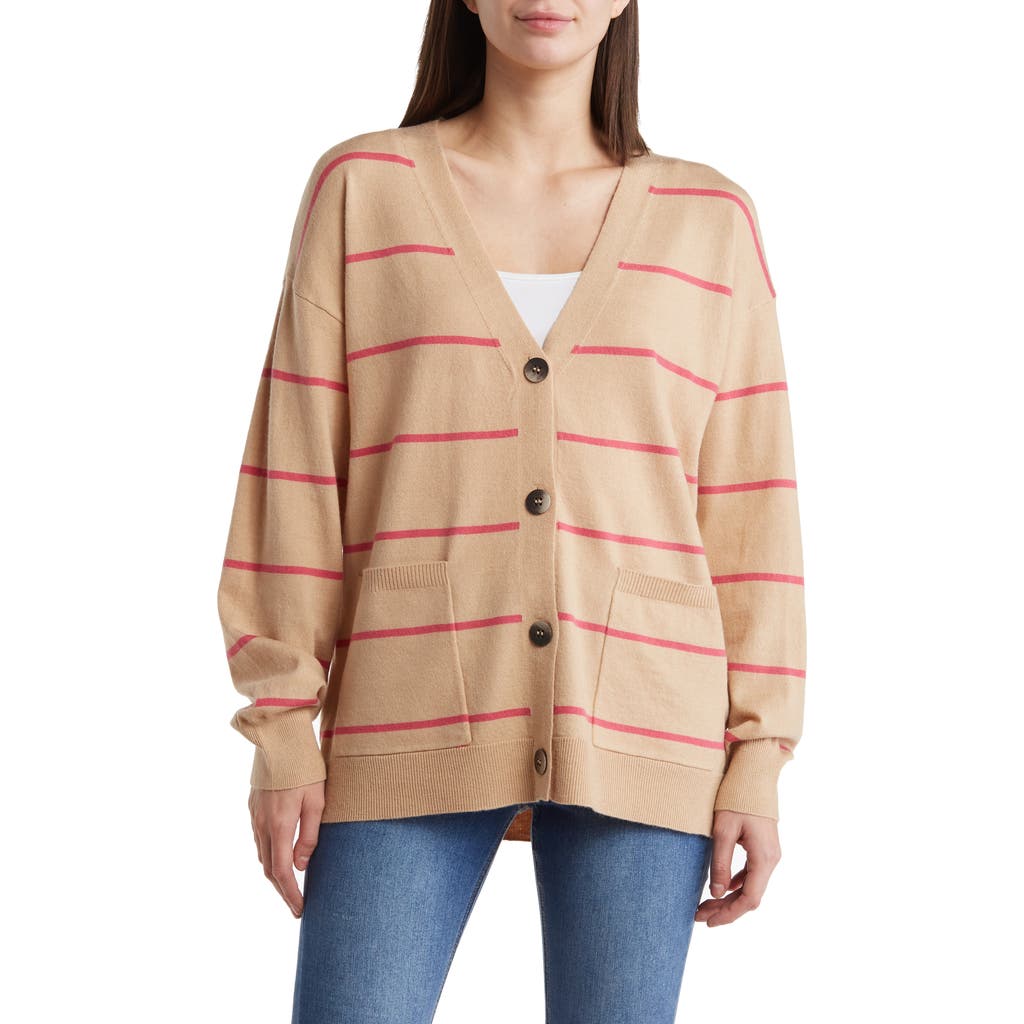 Vigoss Striped Cardigan In Oatmeal/pink