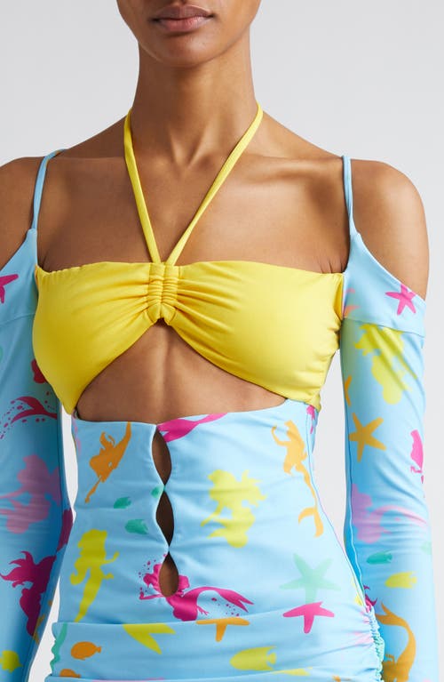 Marshall Columbia X Disney 'the Little Mermaid' Ariel Print Bikini Cutout Long Sleeve Minidress In Blue