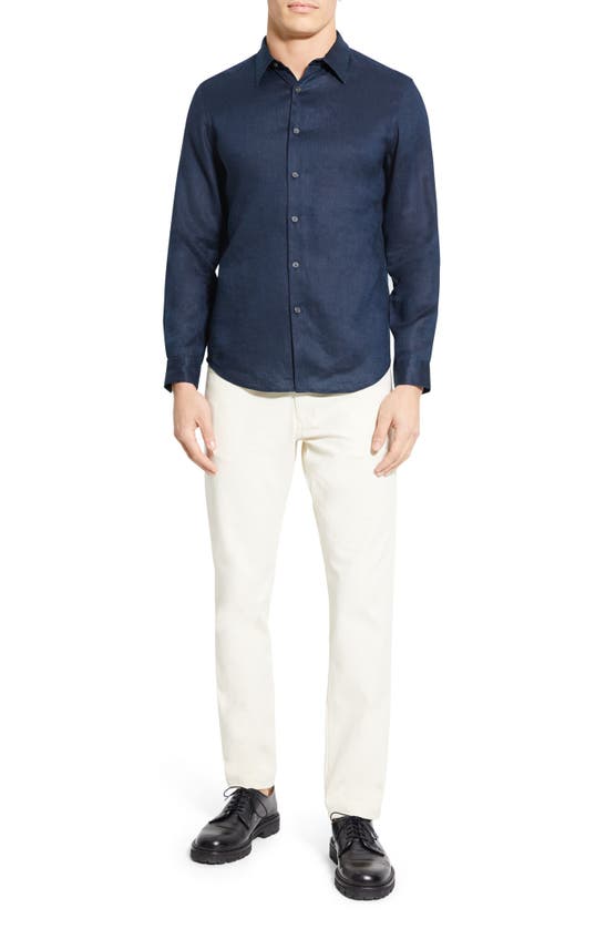 Shop Theory Irving Solid Linen Button-up Shirt In Baltic