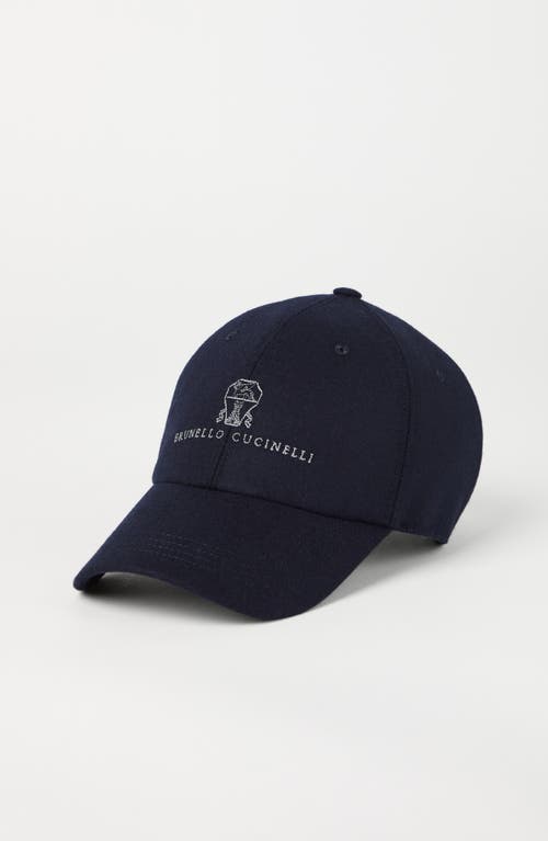 Shop Brunello Cucinelli Virgin Wool Flannel Baseball Cap With Embroidery In Navy Blue