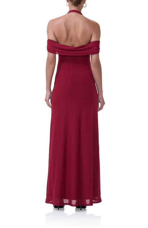 Shop Afrm Yvonne Off The Shoulder Mesh Halter Maxi Dress In Rhubarb