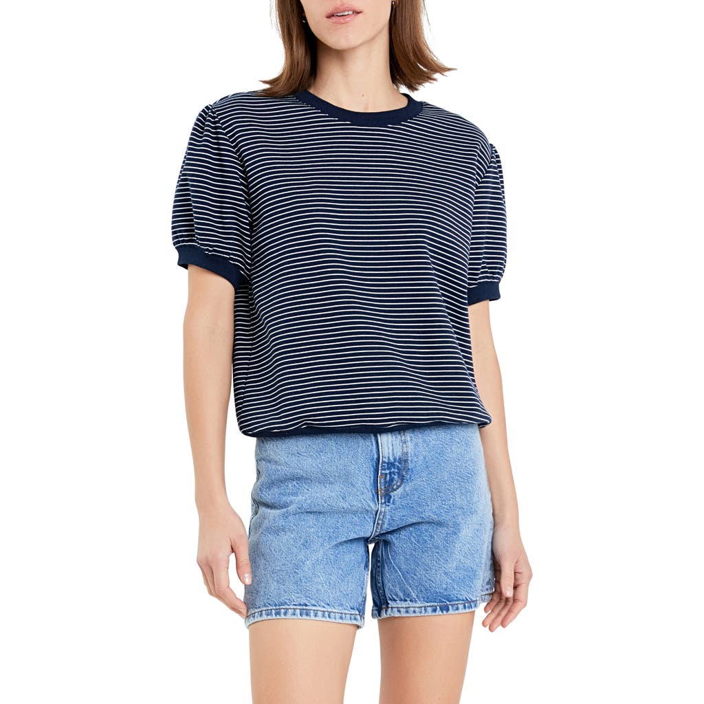 English Factory Stripe Puff Sleeve French Terry Top In Navy/white