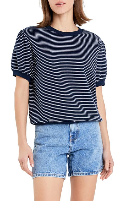 Stripe Puff Sleeve French Terry Top in Navy/White