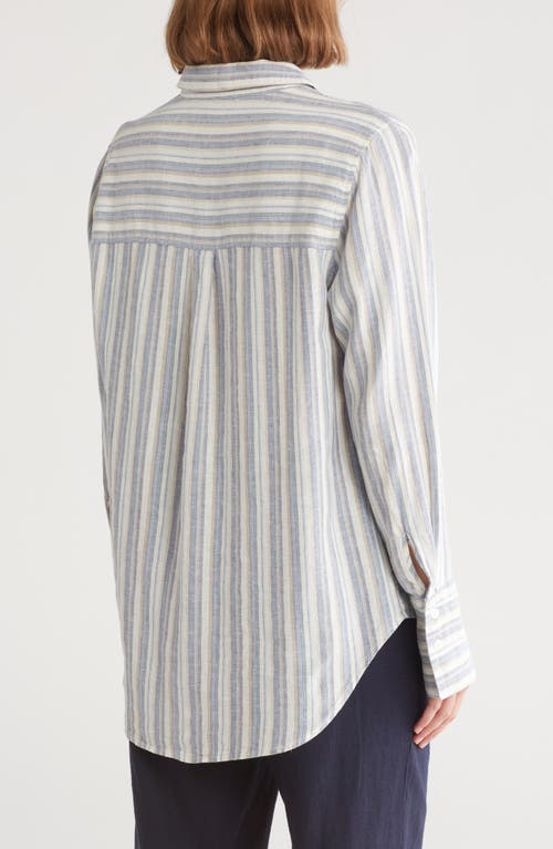 Shop Ellen Tracy Linen Blend Button-up Shirt In Blue/tan Stripe