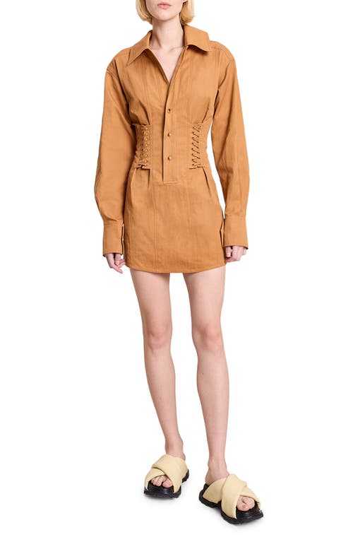 Shop A.l.c . Corset Inspired Long Sleeve Cotton & Hemp Shirtdress In Bronze
