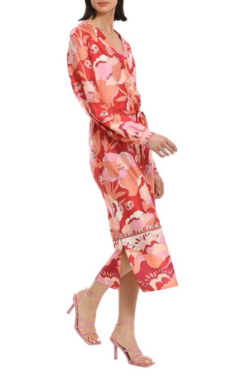 Shop Donna Morgan For Maggy Floral Print Long Sleeve Belted Midi Shirtdress In Brick Red/apricot