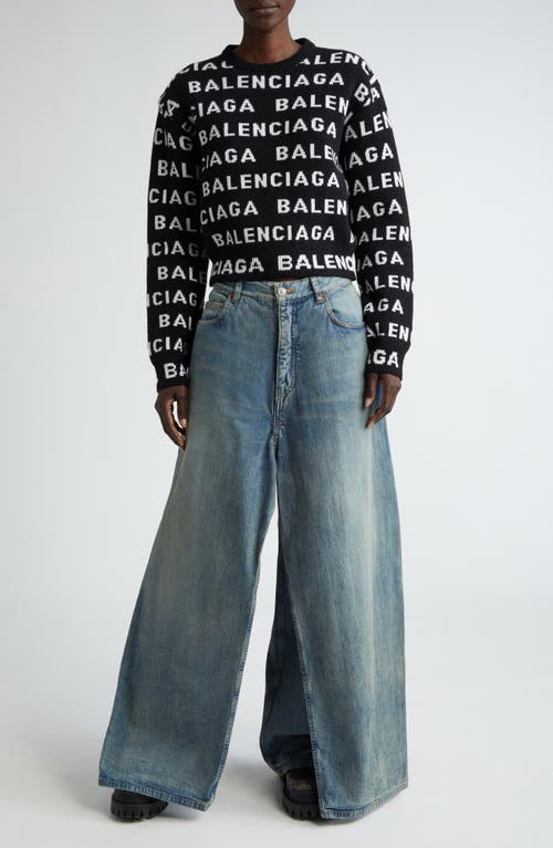 Shop Balenciaga Allover Logo Crop Wool Blend Sweater In Black/white