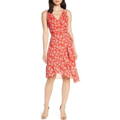 Adelyn Rae Tessie Floral Print Asymmetrical Chiffon Dress, Red