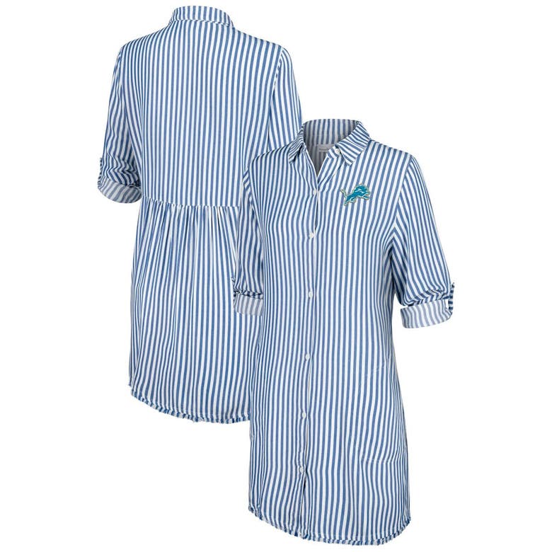 TOMMY BAHAMA TOMMY BAHAMA BLUE/WHITE DETROIT LIONS CHAMBRAY STRIPE COVER-UP SHIRT DRESS