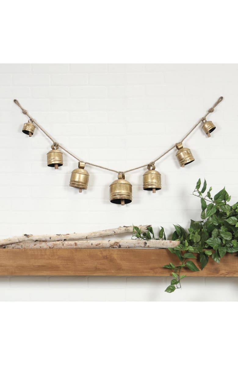 WILLOW ROW Bohemian Metal Cow Bell Garland, Alternate, color, Gold