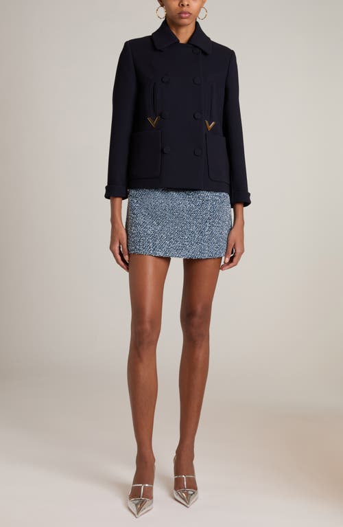 Shop Valentino Garavani V Detail Wool Blend Crop Peacoat In Navy