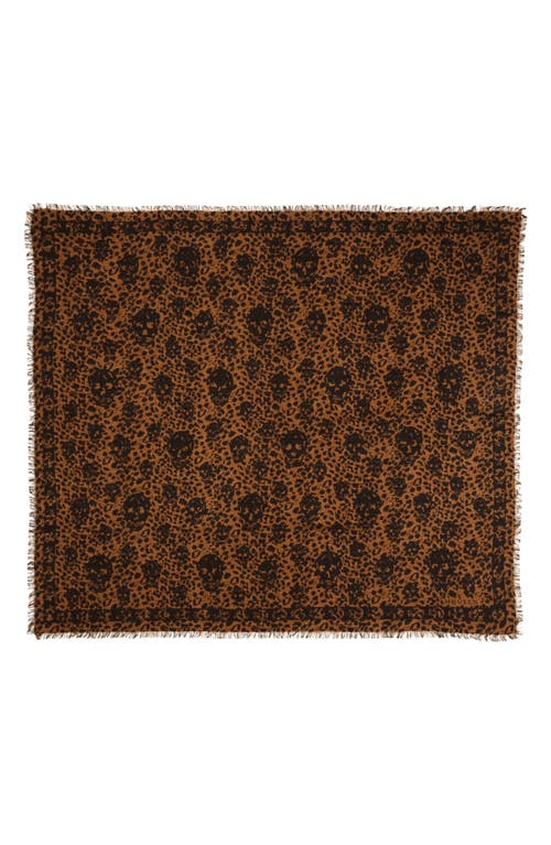 Alexander Mcqueen Leopard Skull Wool Fringe Scarf In Camel/dark Brown