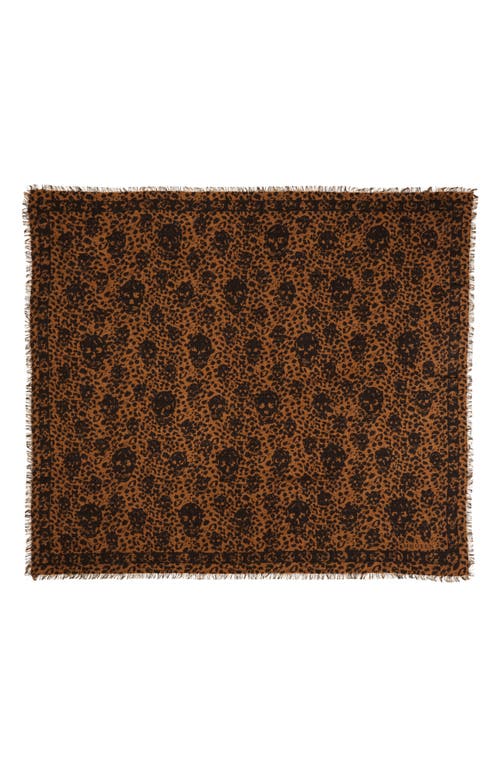 Alexander Mcqueen Leopard Skull Wool Fringe Scarf In Brown