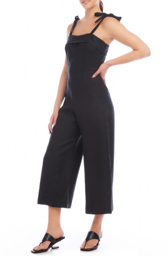 Shop Fifteen Twenty Paloma Tie Strap Wide Leg Crop Linen Jumpsuit In Black