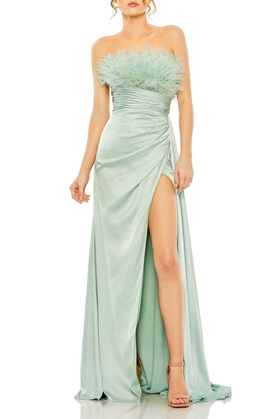 Shop Mac Duggal Feather Detail Ruched Strapless Gown In Seafoam