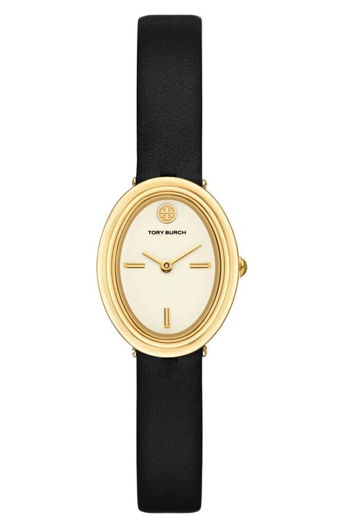 Shop Tory Burch The Oval Leather Strap Watch, 22mm X 28mm In Black