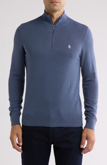 Original Penguin Half Zip Cotton Jersey Sweater In Vintage Indigo