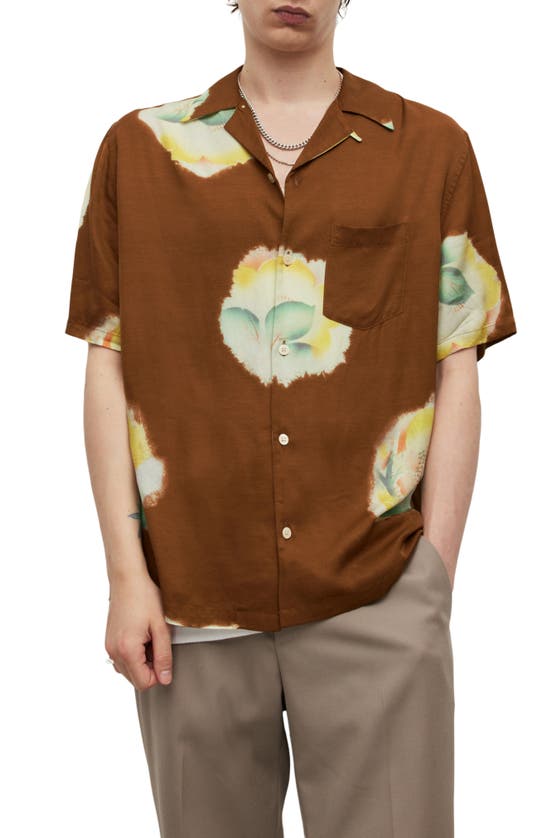 Allsaints Toulon Floral Print Relaxed Fit Button Down Camp Shirt In Brown