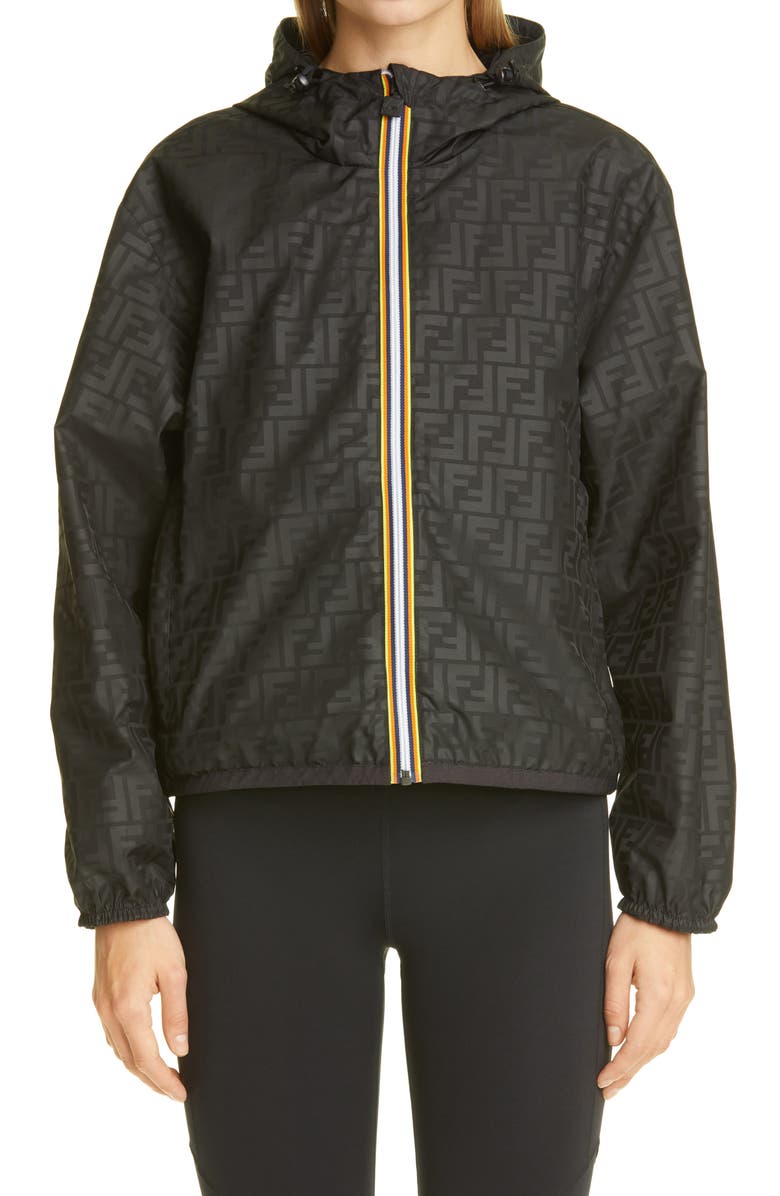 FENDI x K-Way<sup>®</sup> Hooded Reversible Waterproof Windbreaker, Main, color, BLACK