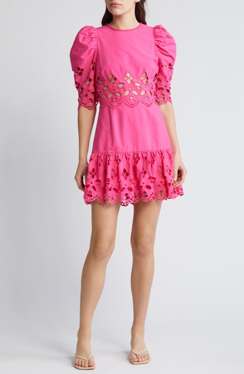 Saylor Auroette Eyelet Puff Sleeve Cotton Poplin Dress Hot Pink at Nordstrom,