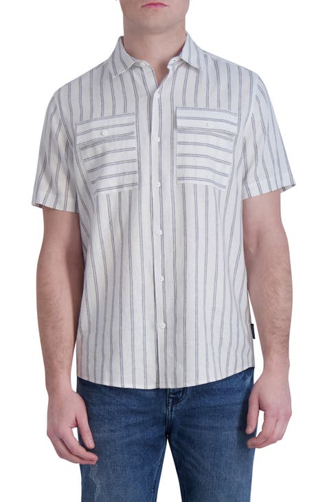 Stripe Linen Blend Short Sleeve Button-Up Shirt