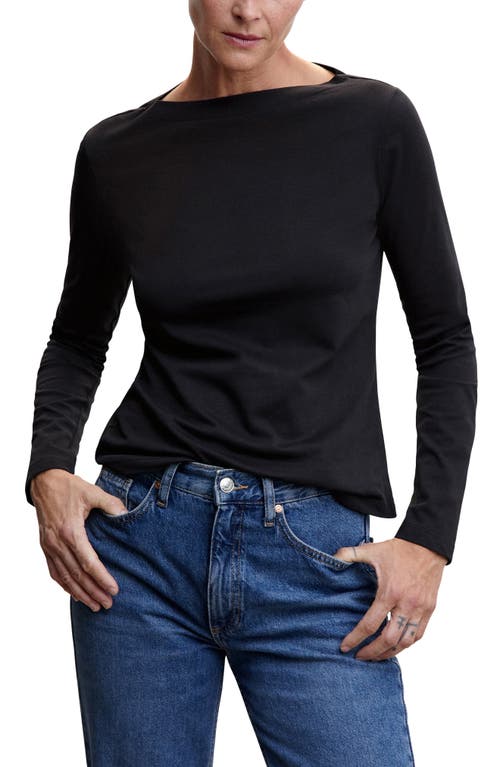 MANGO Boatneck Long Sleeve Cotton T-Shirt in Black