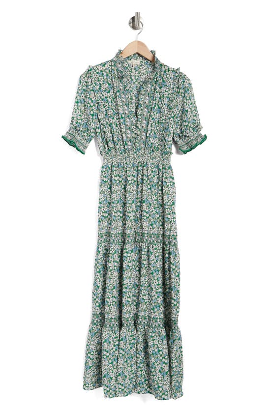 Max Studio Ruffle Collar Print Tiered Maxi Dress In Green/ Ditsy Mini Floral