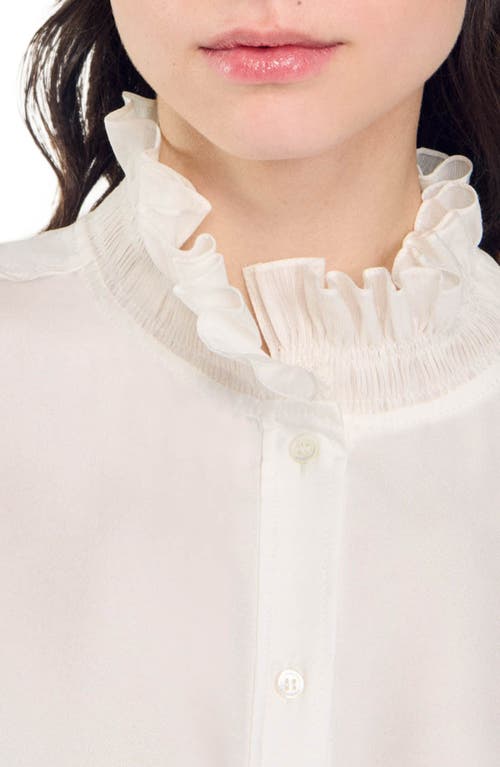 Shop Sandro Silk Shirt With Gathered Collar In Ecru