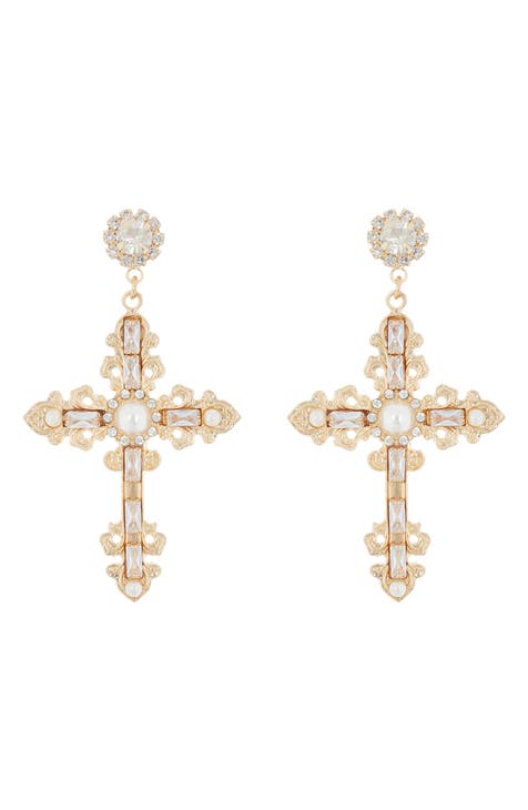 Cubic Zirconia & Imitation Pearl Cross Drop Earrings