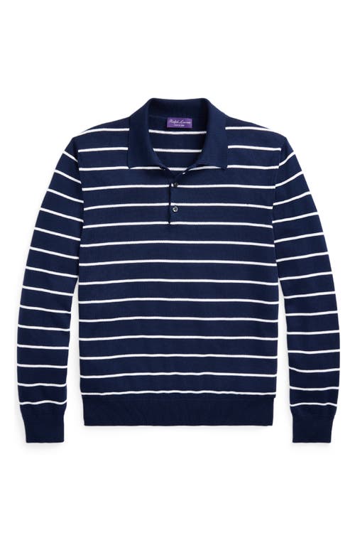 Shop Ralph Lauren Purple Label Stripe Cotton Polo Sweater In Spring Navy/optic White