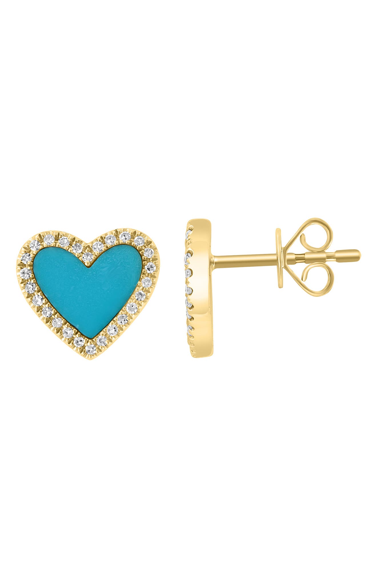 EFFY 14K Yellow Gold Diamond Turquoise Heart Stud Earrings 0.15 ctw