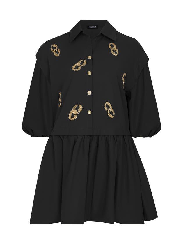 Shop Nocturne Embroidered Balloon Sleeve Dress In Black