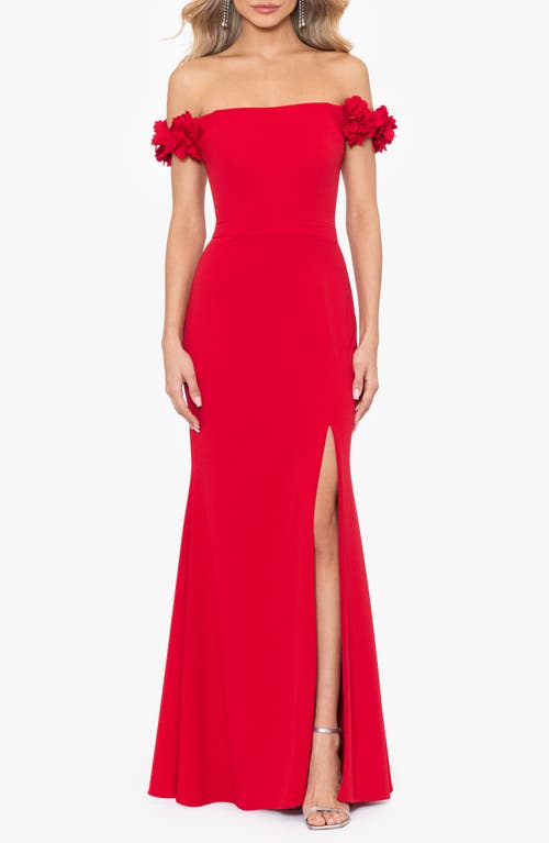 Xscape Evenings Flower Off The Shoulder Scuba Crepe Gown In Red