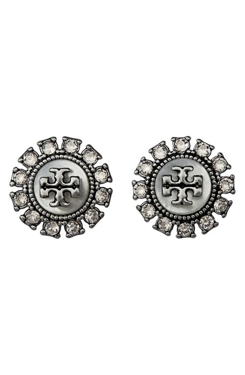 Tory Burch Kira Crystal Stud Earrings In Antique Pewter/mop/crystal