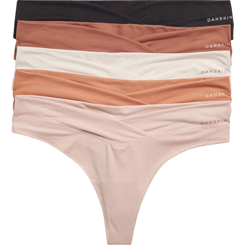 Shop Danskin Assorted 5-pack Brushed Micro Thongs In Rust/linen/blush