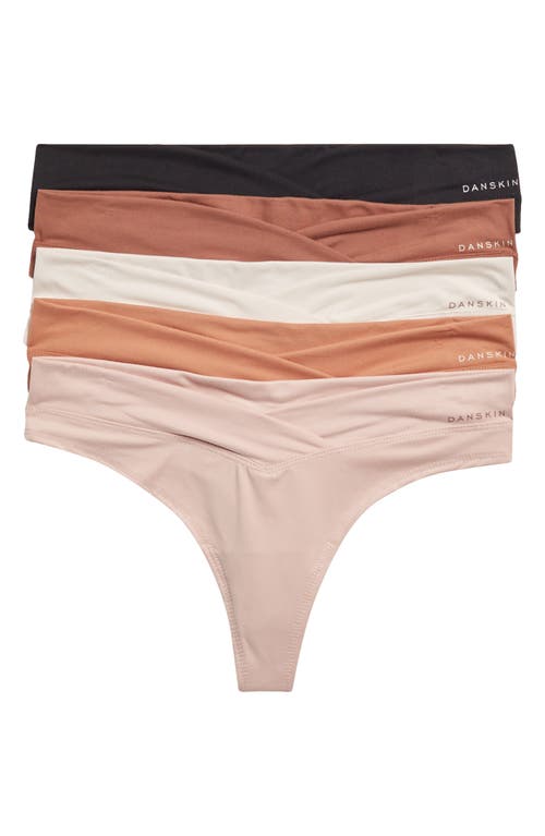 Shop Danskin Assorted 5-pack Brushed Micro Thongs In Rust/linen/blush