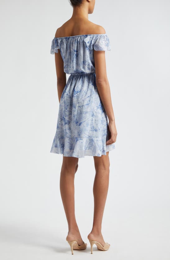 Shop L Agence L'agence Leonie Off The Shoulder Silk Dress In Blue Multi Denim Print