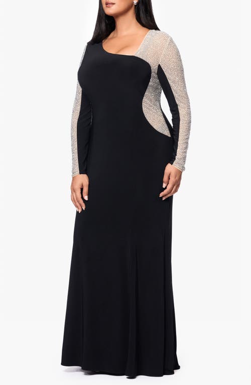 Xscape Evenings Studded Contrast Long Sleeve Trumpet Gown In Black/beige/silver