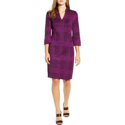Ming Wang Plaid Bell Cuff Sheath Dress, Pink