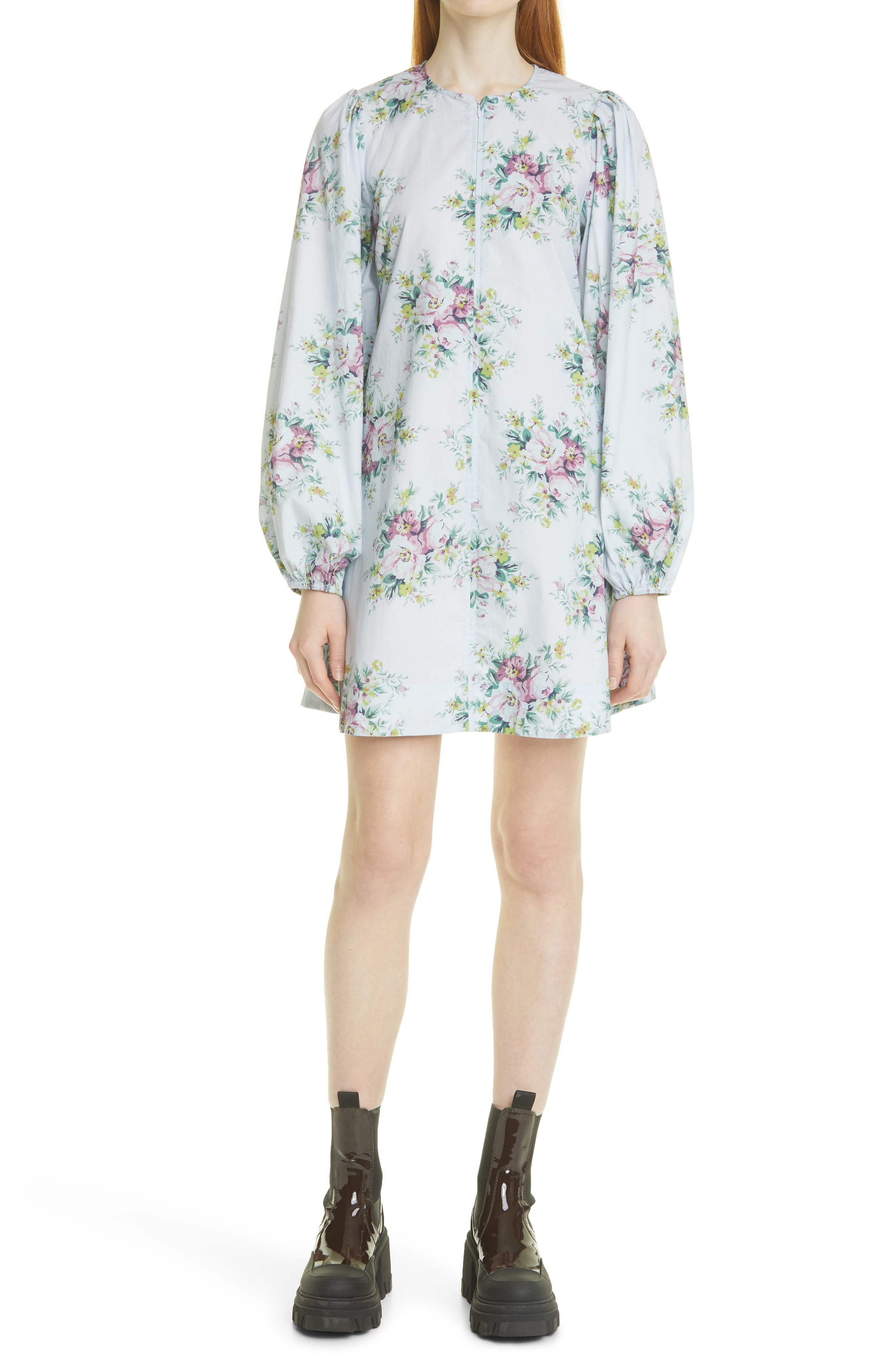 Ganni Floral Long Sleeve Organic Cotton Dress in Heather at Nordstrom, Size 2 Us
