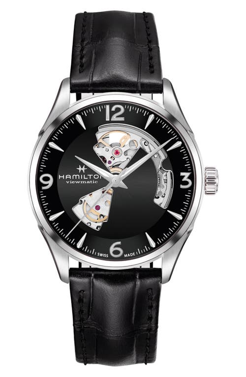 Shop Hamilton Jazzmaster Open Heart Automatic Leather Strap Watch, 42mm In Black/silver